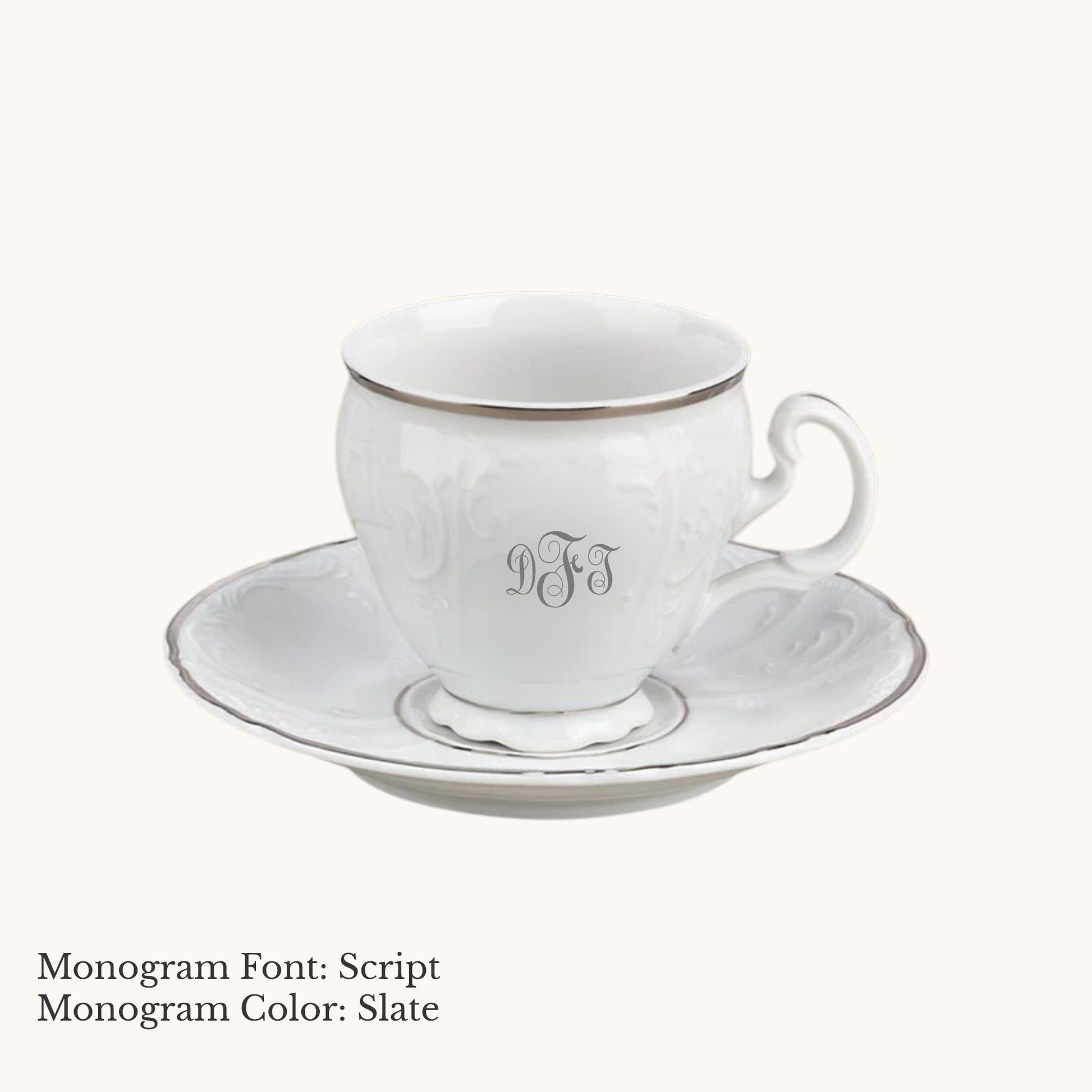Platinum-banded Bernadotte European porcelain 8-ounce cup and saucer with Script custom monogram in Slate