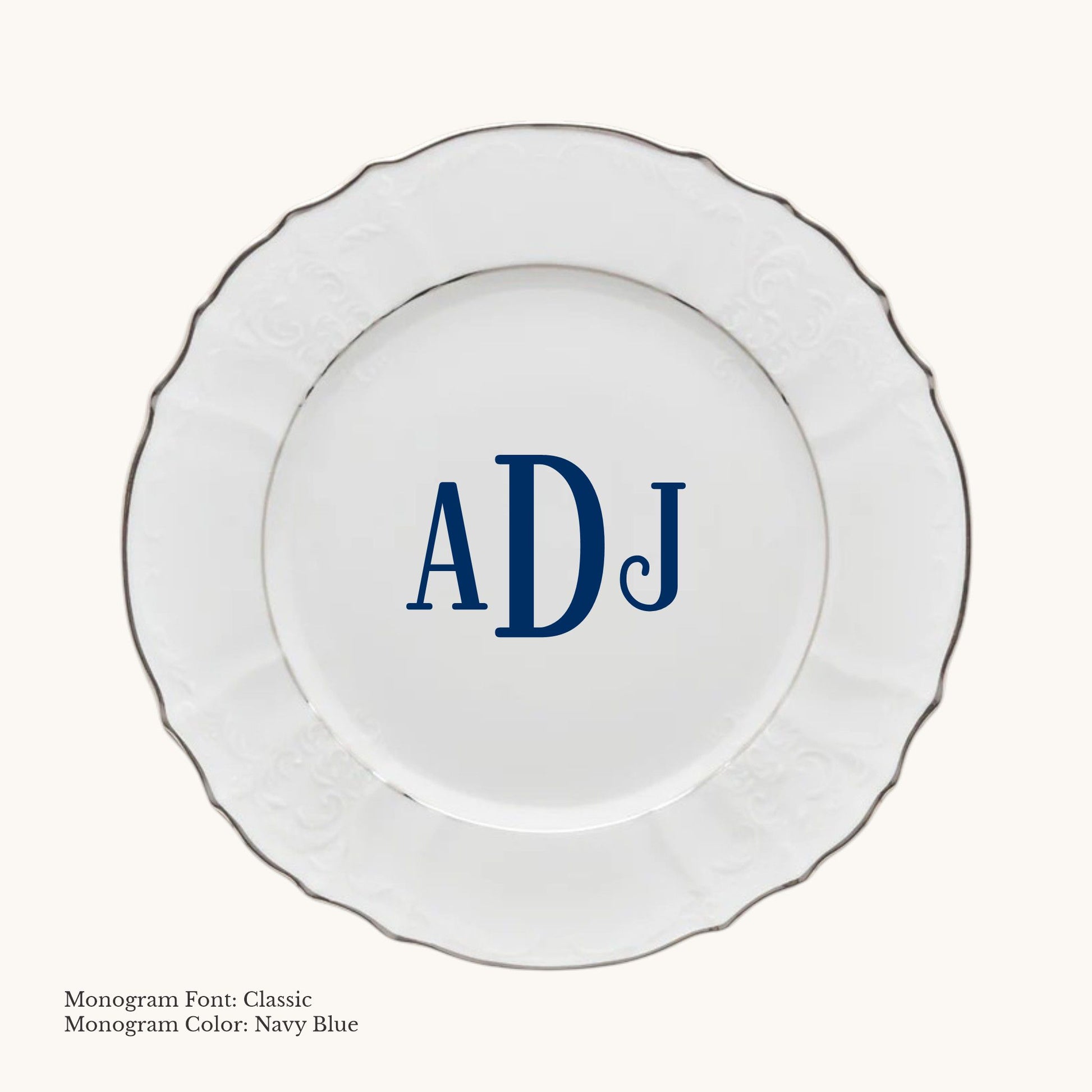 Platinum-banded Bernadotte European porcelain dinner plate with Classic custom monogram in Navy Blue