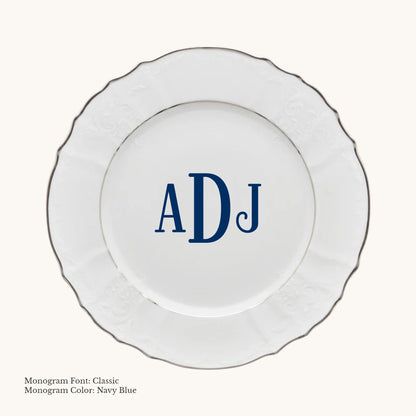 Platinum-banded Bernadotte European porcelain dinner plate with Classic custom monogram in Navy Blue