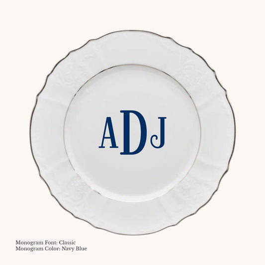 Platinum-banded Bernadotte European porcelain dinner plate with Classic custom monogram in Navy Blue