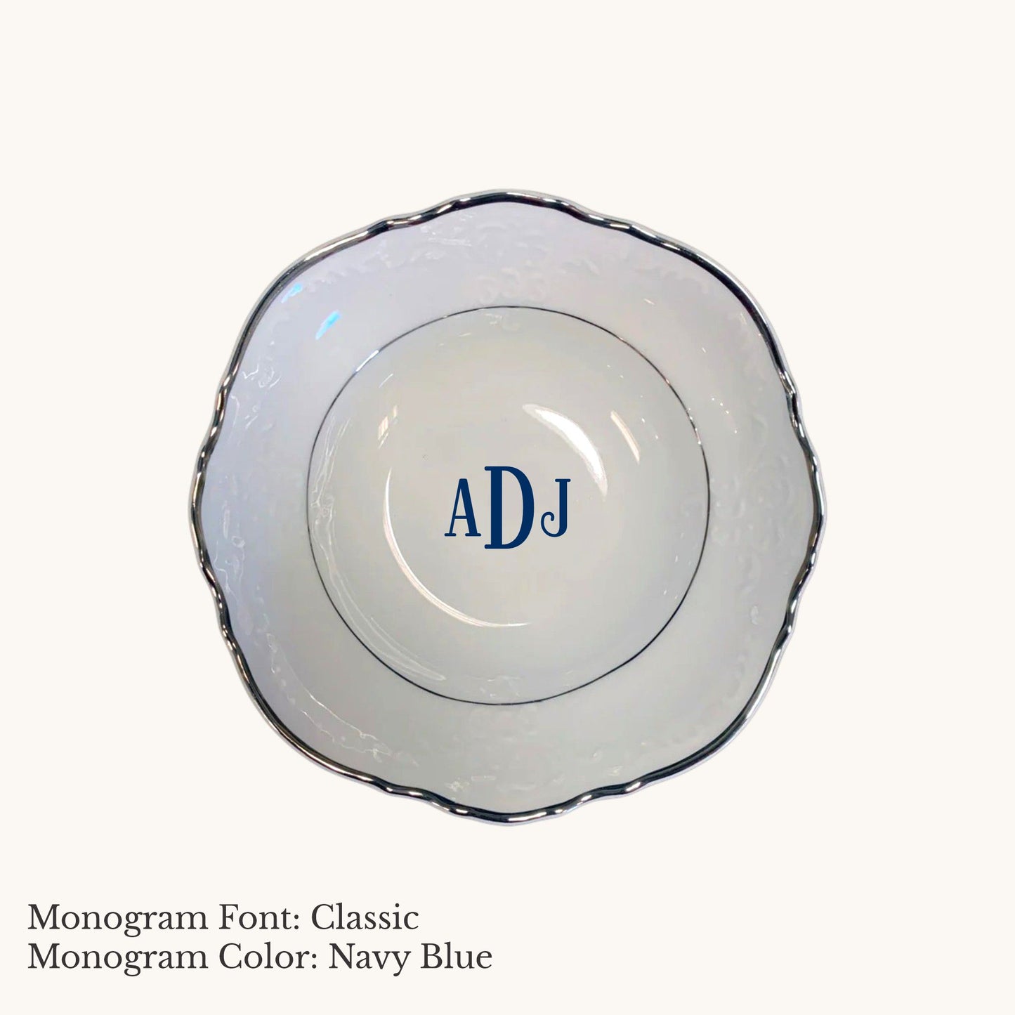 Platinum-banded Bernadotte European porcelain fruit saucer with Classic custom monogram in Navy Blue