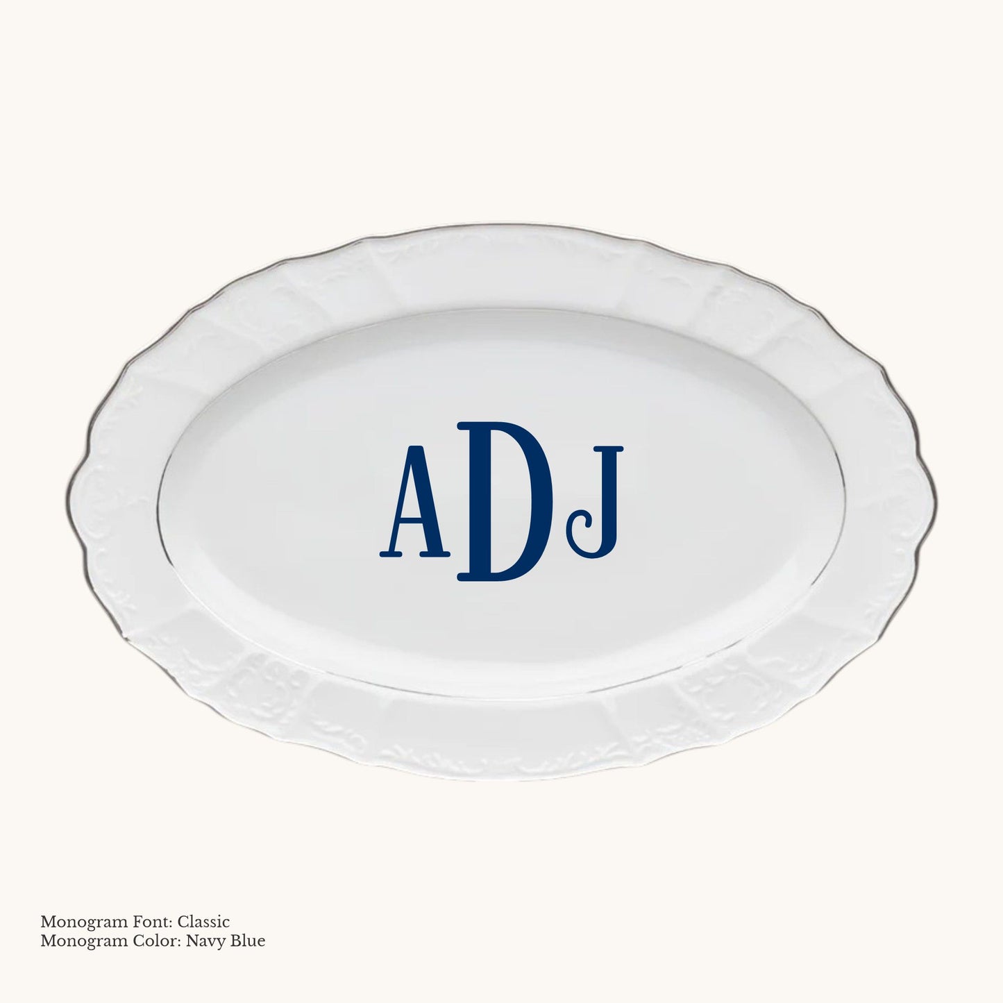 Platinum-banded Bernadotte European porcelain oval platter with Classic custom monogram in Navy Blue