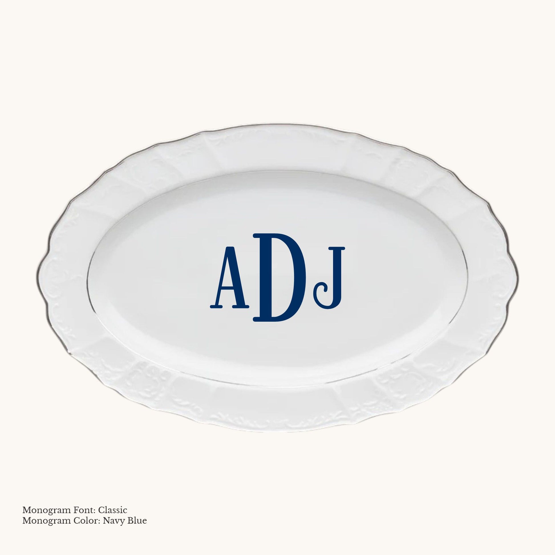 Platinum-banded Bernadotte European porcelain oval platter with Classic custom monogram in Navy Blue