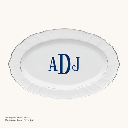 Platinum-banded Bernadotte European porcelain oval platter with Classic custom monogram in Navy Blue