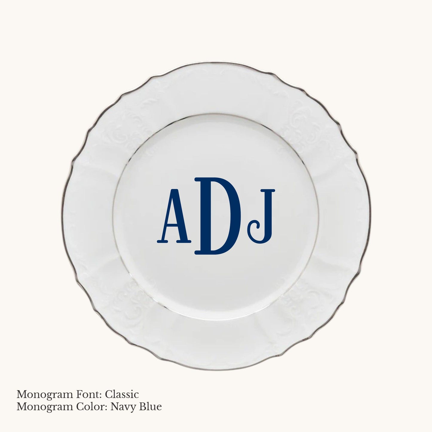 Platinum-banded Bernadotte European porcelain salad or dessert plate with Classic custom monogram in Navy Blue