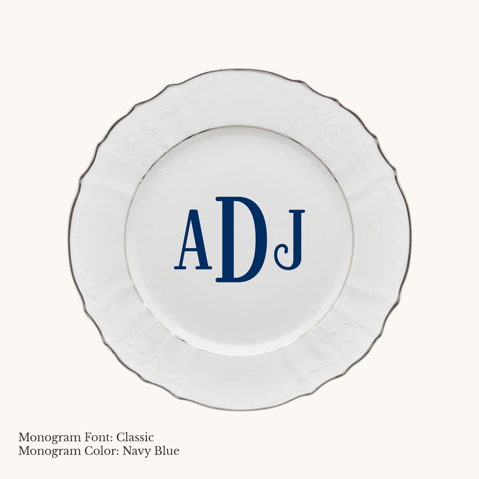 Platinum-banded Bernadotte European porcelain salad or dessert plate with Classic custom monogram in Navy Blue