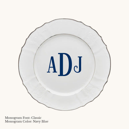 Platinum-banded Bernadotte European porcelain salad or dessert plate with Classic custom monogram in Navy Blue