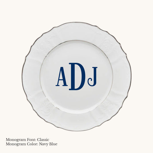 Platinum-banded Bernadotte European porcelain salad or dessert plate with Classic custom monogram in Navy Blue