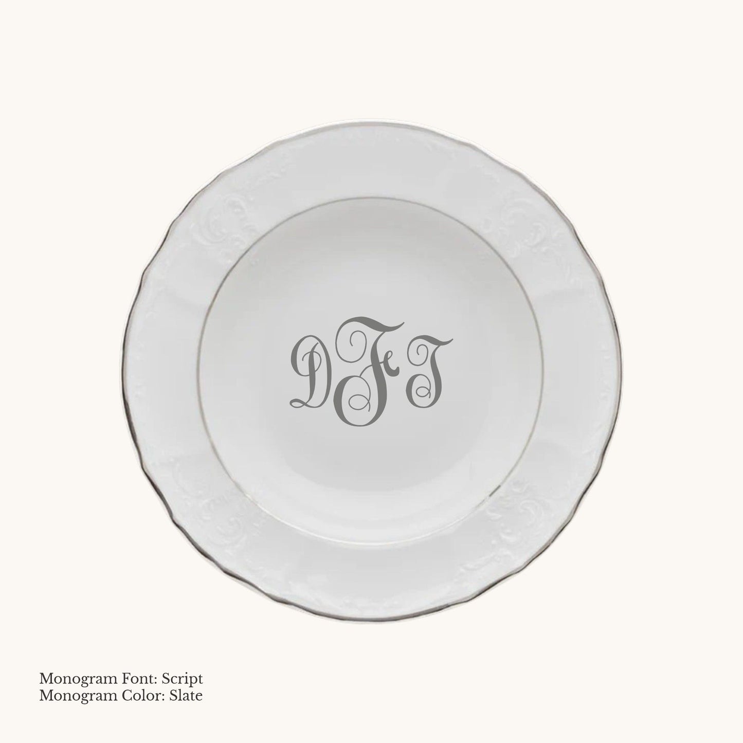 Platinum-banded Bernadotte European porcelain rim soup bowl with Script custom monogram in Slate