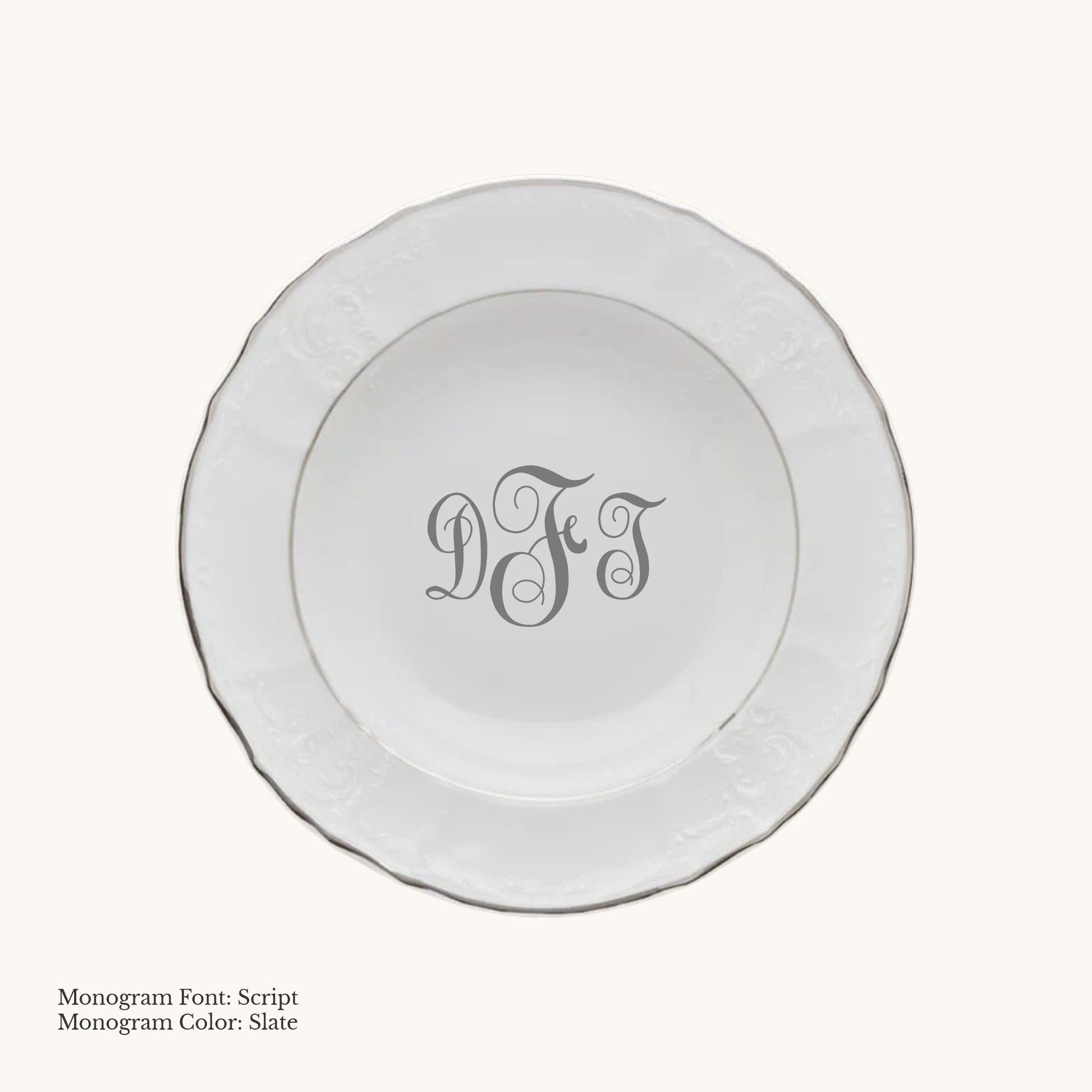 Platinum-banded Bernadotte European porcelain rim soup bowl with Script custom monogram in Slate
