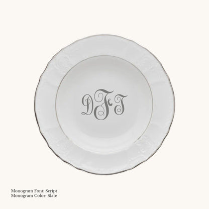 Platinum-banded Bernadotte European porcelain rim soup bowl with Script custom monogram in Slate