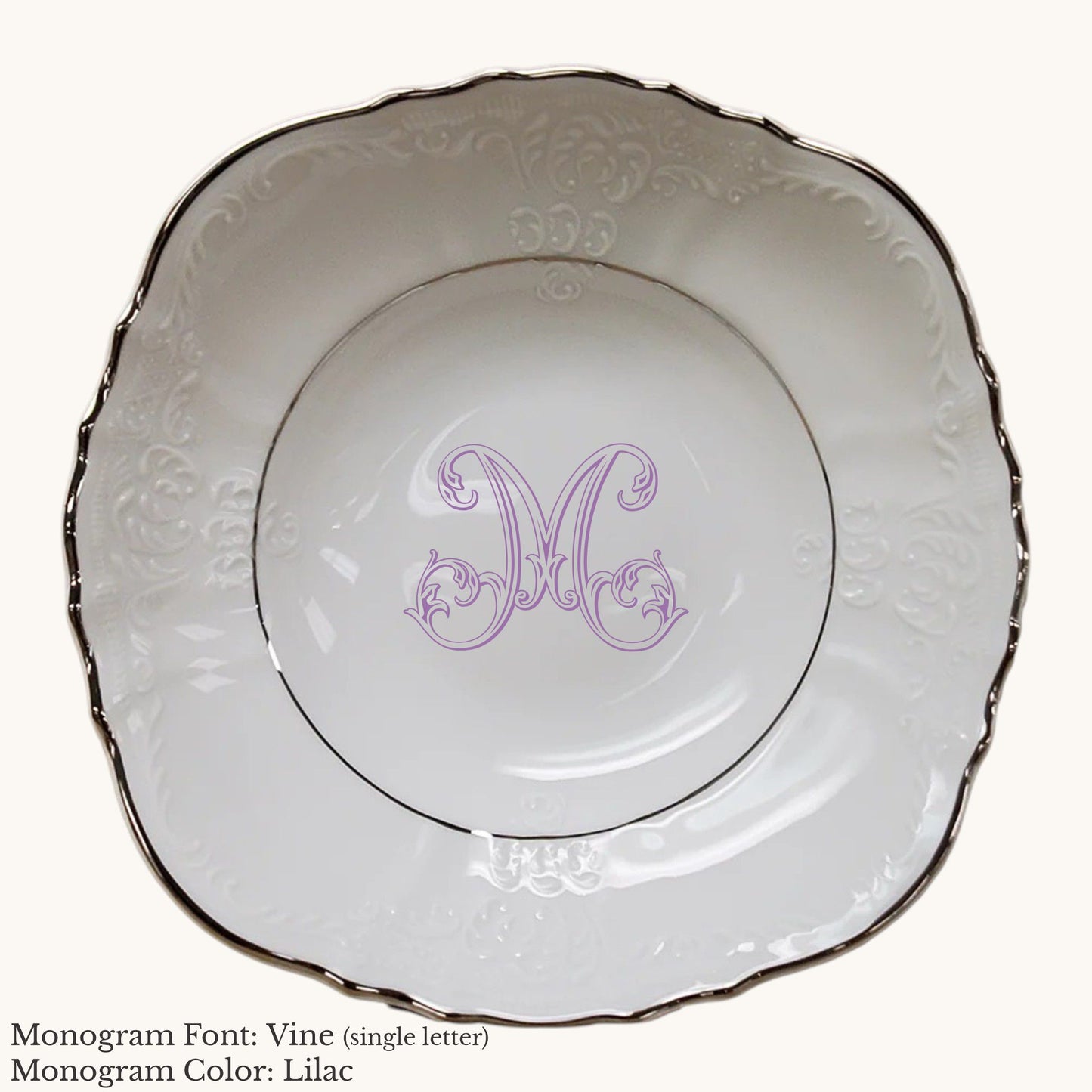 Platinum-banded Bernadotte European porcelain vegetable bowl with single-letter Vine custom monogram in Lilac