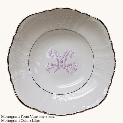 Platinum-banded Bernadotte European porcelain vegetable bowl with single-letter Vine custom monogram in Lilac