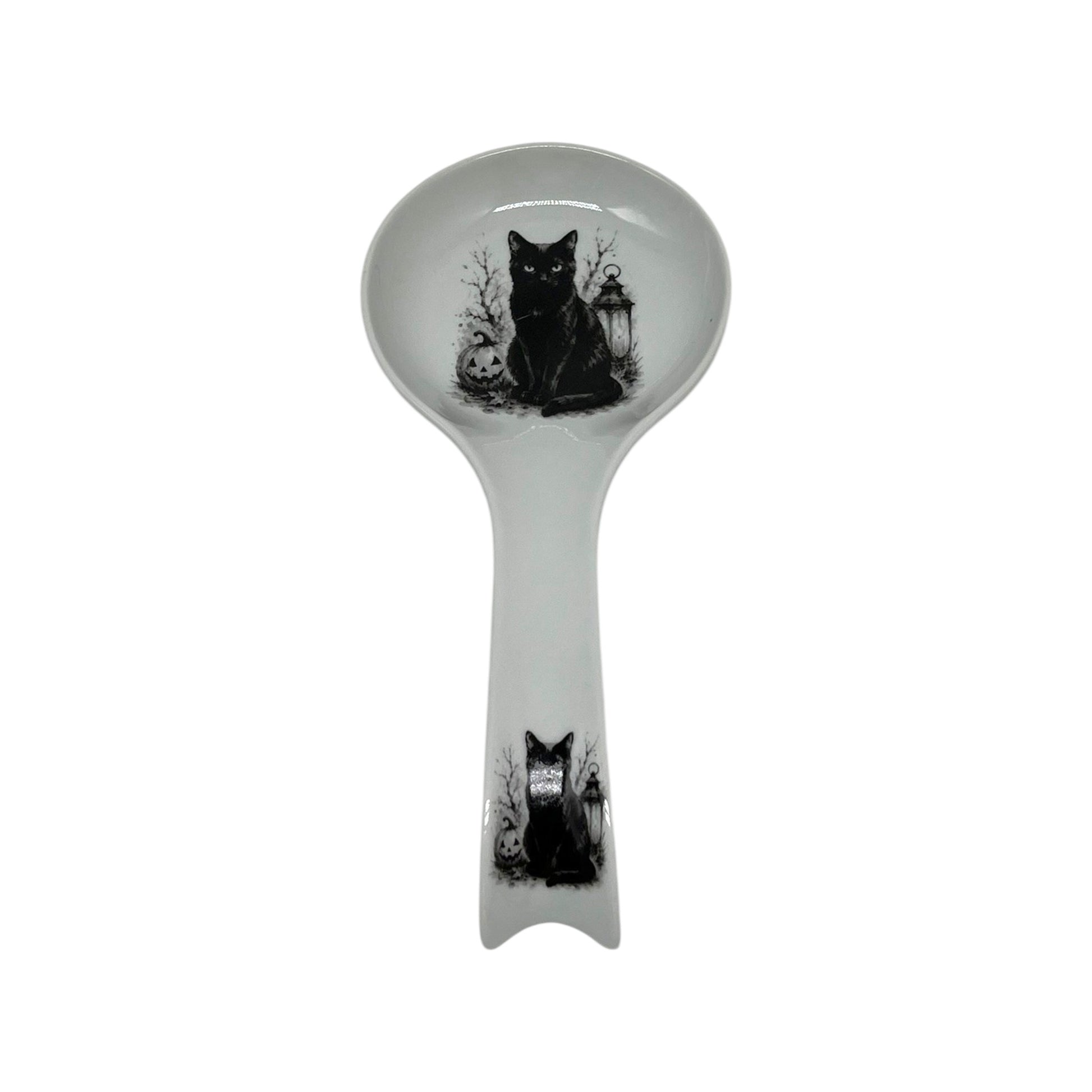 Midnight Black Cat long Halloween spoon rest with black cat, jack-o’-lantern, vintage lantern and black-and-white artwork on bowl and handle