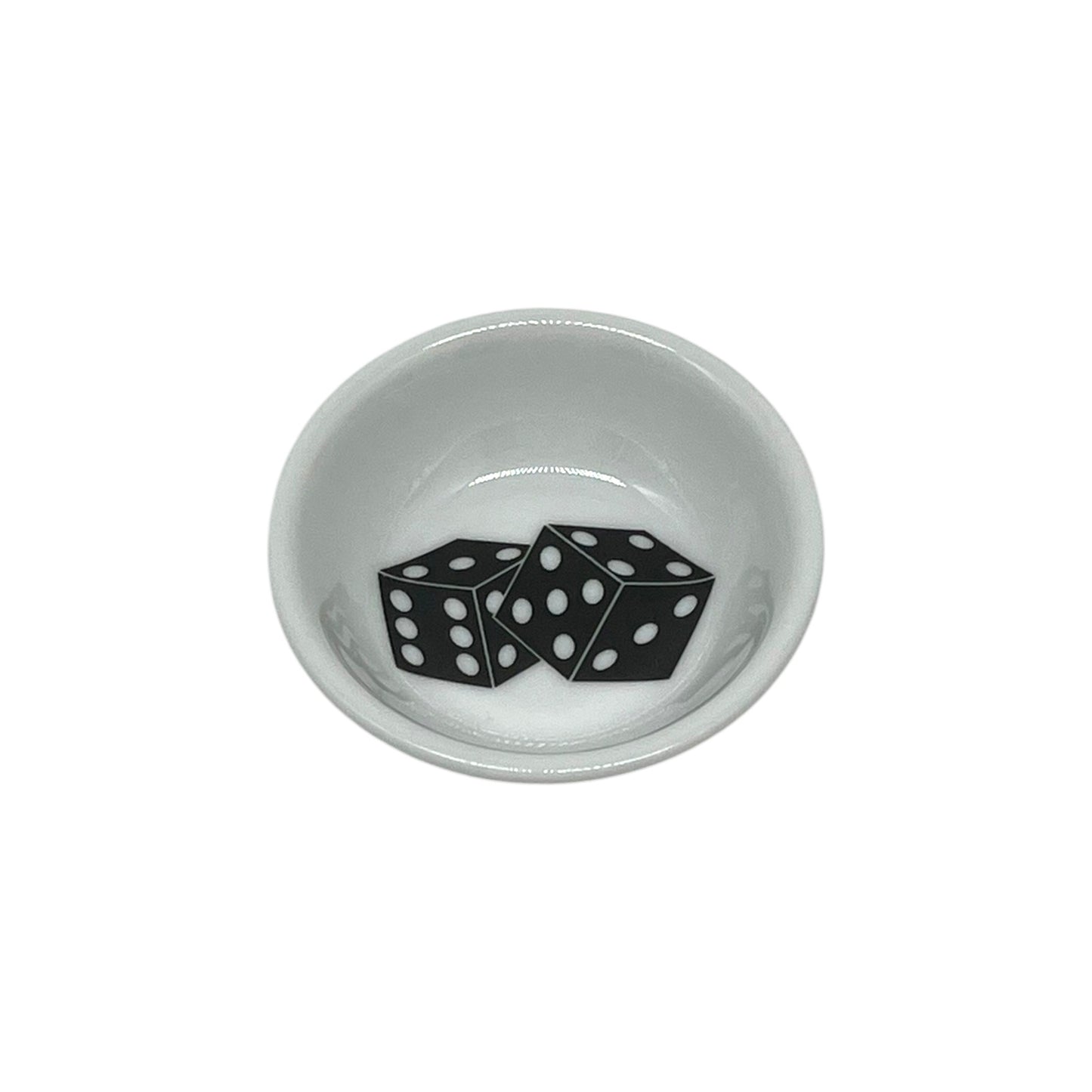 High Roller 2 3/4 inch white dice dish featuring three classic black dice