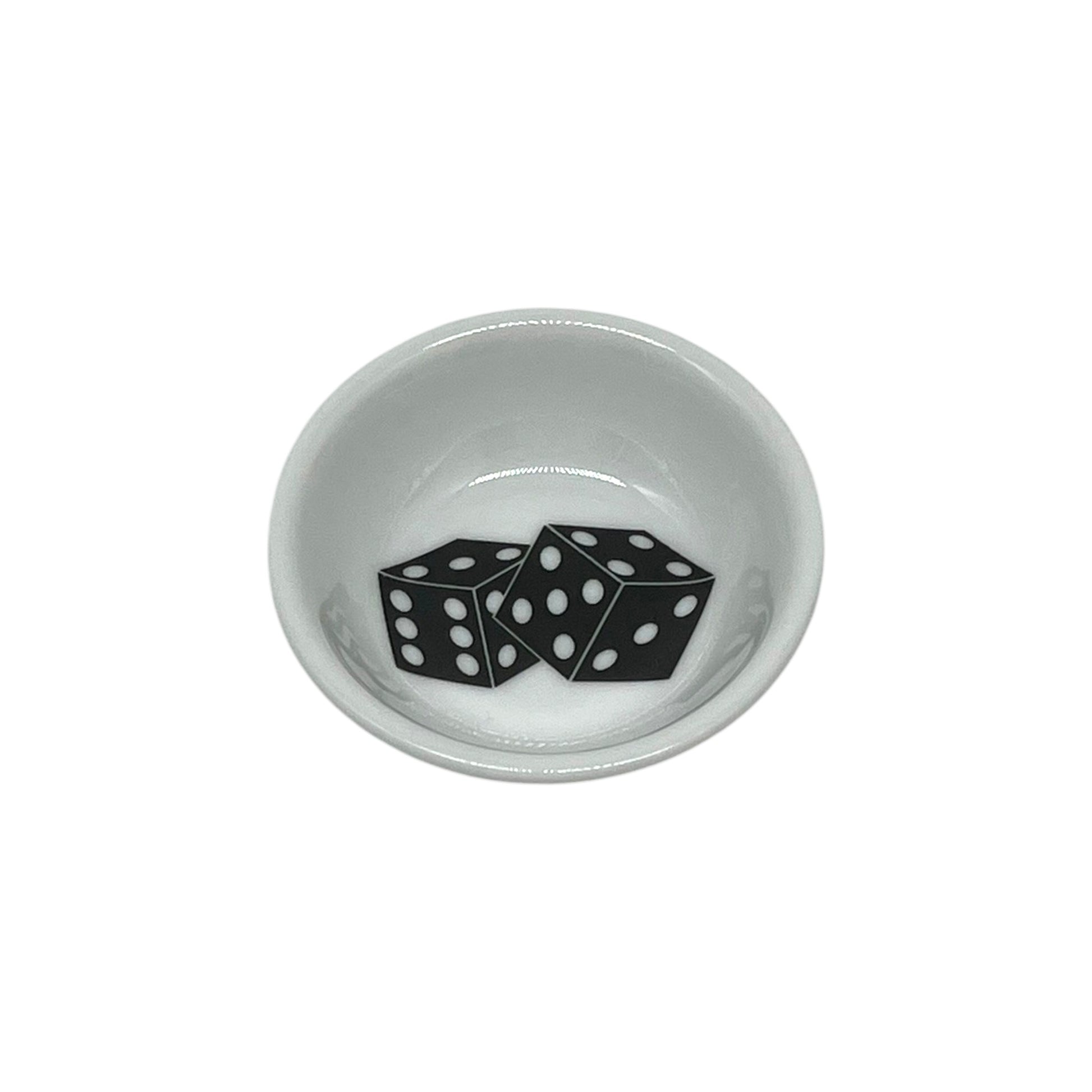 High Roller 2 3/4 inch white dice dish featuring three classic black dice