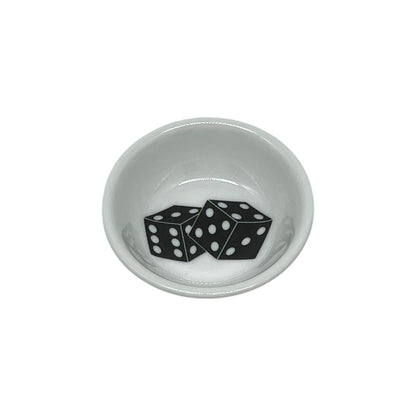 High Roller 2 3/4 inch white dice dish featuring three classic black dice