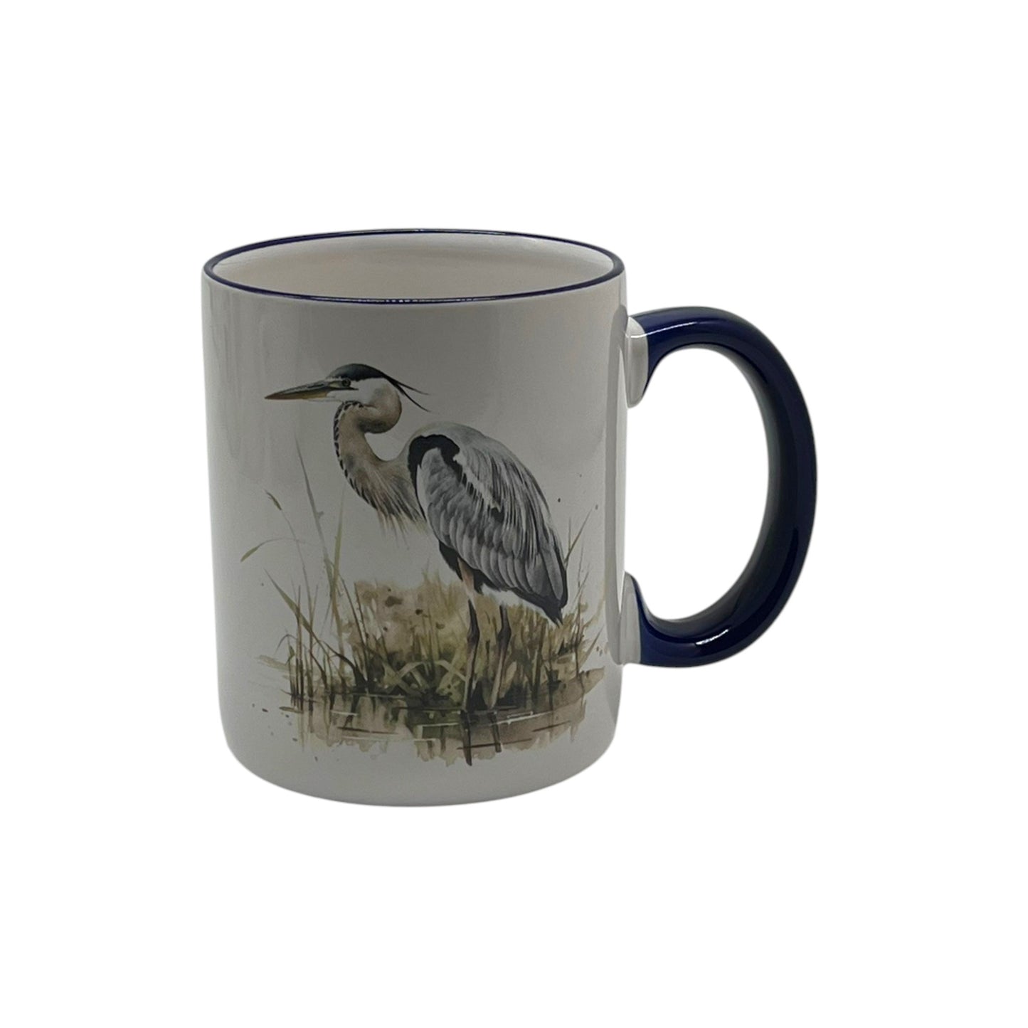 White 12-ounce stoneware mug featuring a blue heron among marsh reeds with a dark blue handle and coordinating blue rim.