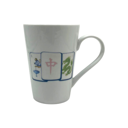 Lucky Trio Mahjong 12 ounce European porcelain tapered mug with colorful blue pink and green mahjong tile design