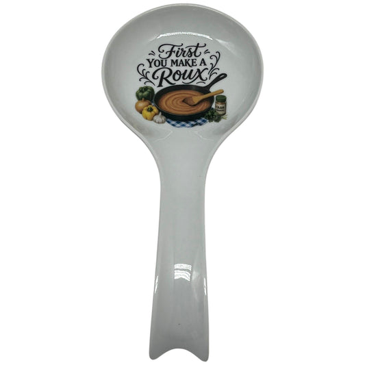First You Make a Roux white spoon rest with cast-iron skillet, brown roux, peppers, onion, garlic and Cajun kitchen artwork
