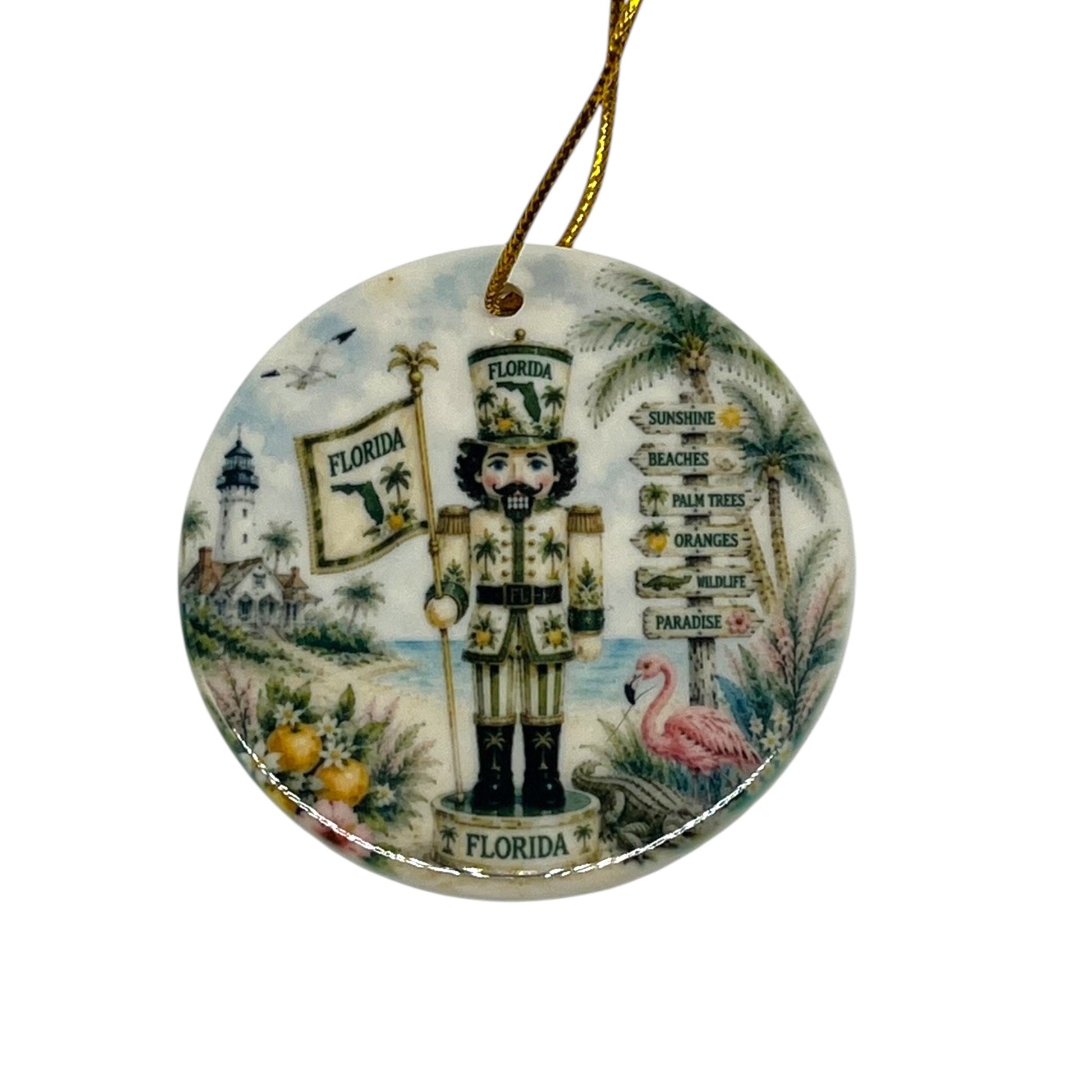 Florida Nutcracker 3 inch porcelain Christmas ornament with Florida flag, palm trees, lighthouse, flamingo, oranges and coastal Sunshine State scenery