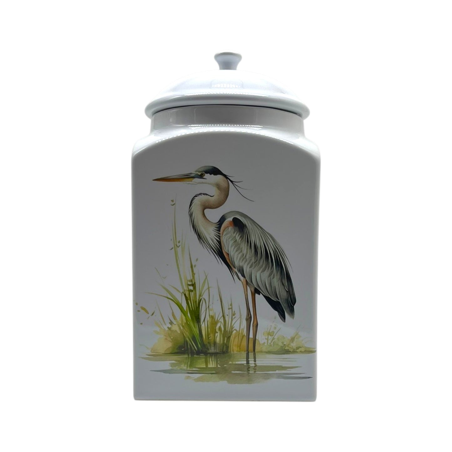 White square stoneware canister with an airtight lid and kiln-fired graceful blue heron design, decorated in New Iberia, Louisiana.