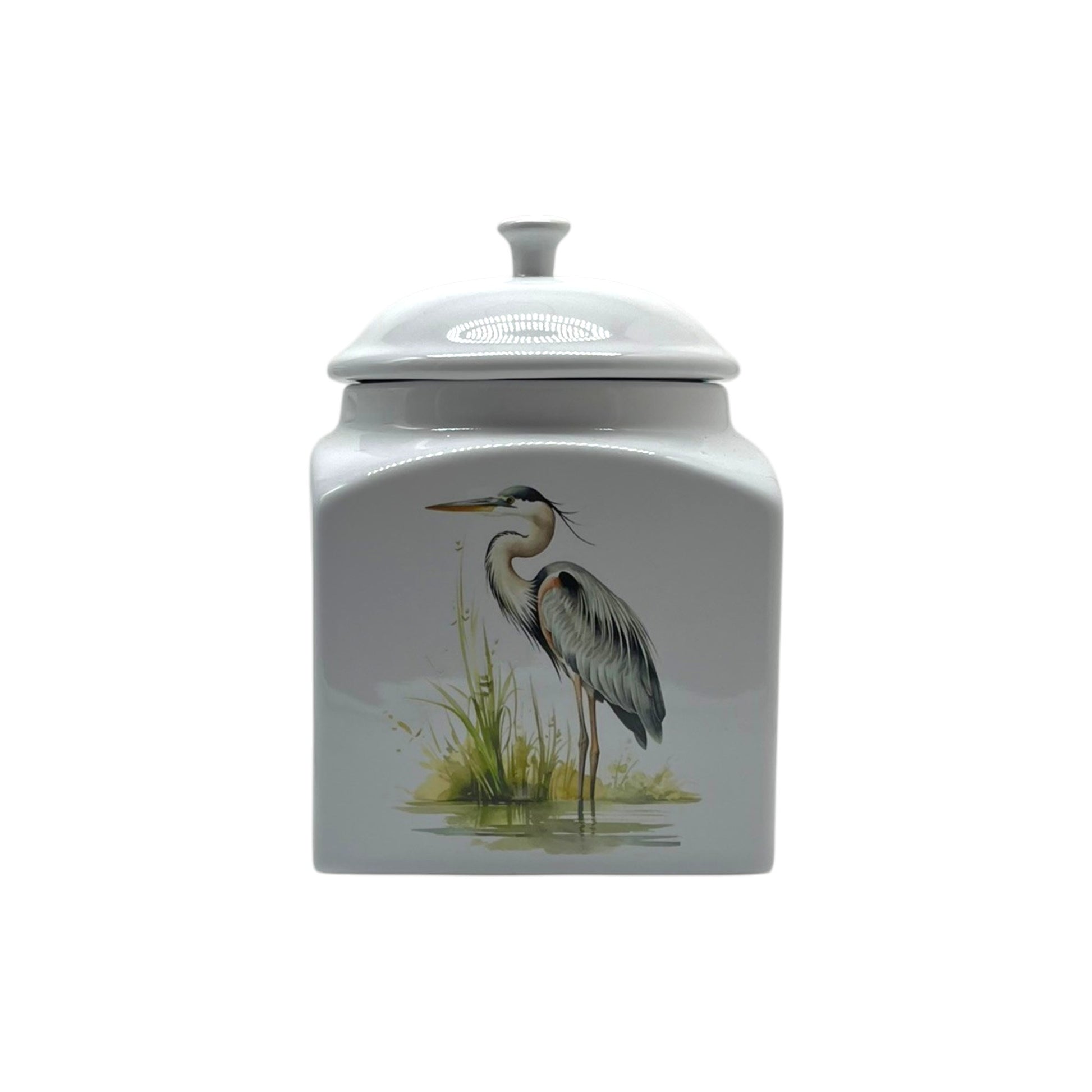 White square stoneware canister with an airtight lid and kiln-fired graceful blue heron design, decorated in New Iberia, Louisiana.