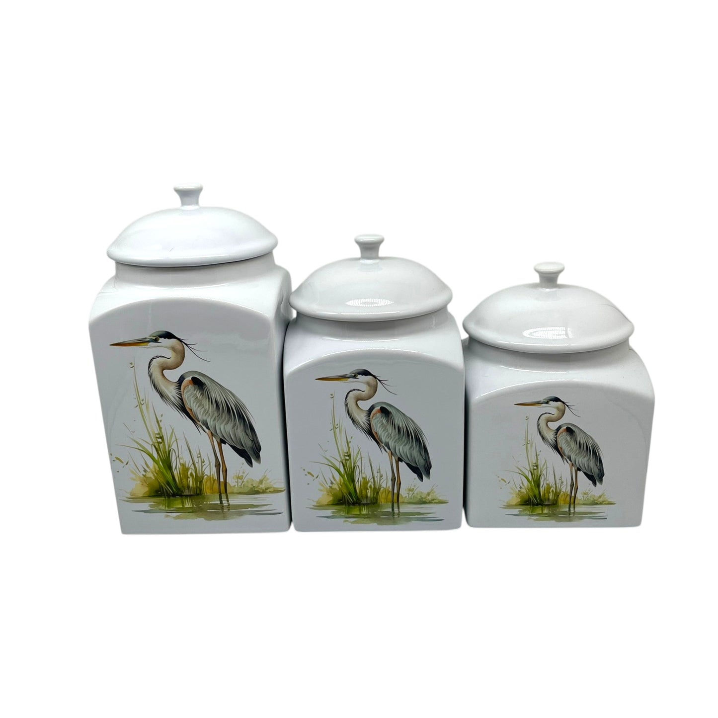Graceful Blue Heron Canister Set, 3pc. (square)