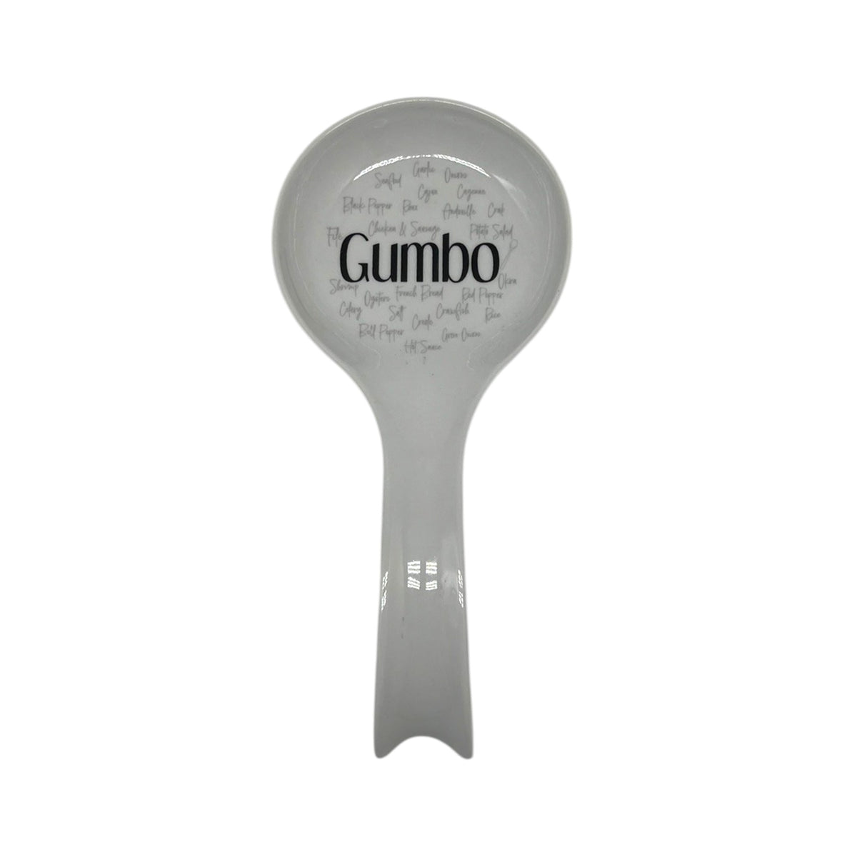 Gumbo Roux to Rice white spoon rest featuring bold black Gumbo lettering surrounded by Louisiana gumbo ingredient words
