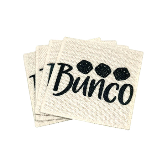 Classic Bunco linen coaster set of 4 featuring bold black lettering and dice.