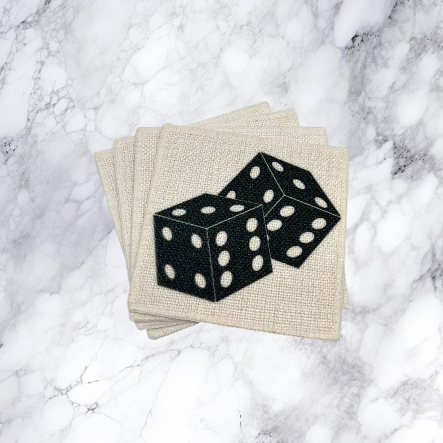 High Roller linen coaster set of four featuring black dice artwork on natural linen-look coasters