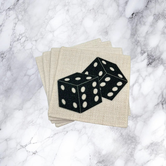 High Roller linen coaster set of four featuring black dice artwork on natural linen-look coasters