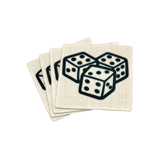 Lucky Roll set of four linen coasters featuring three black dice on a natural linen-look background