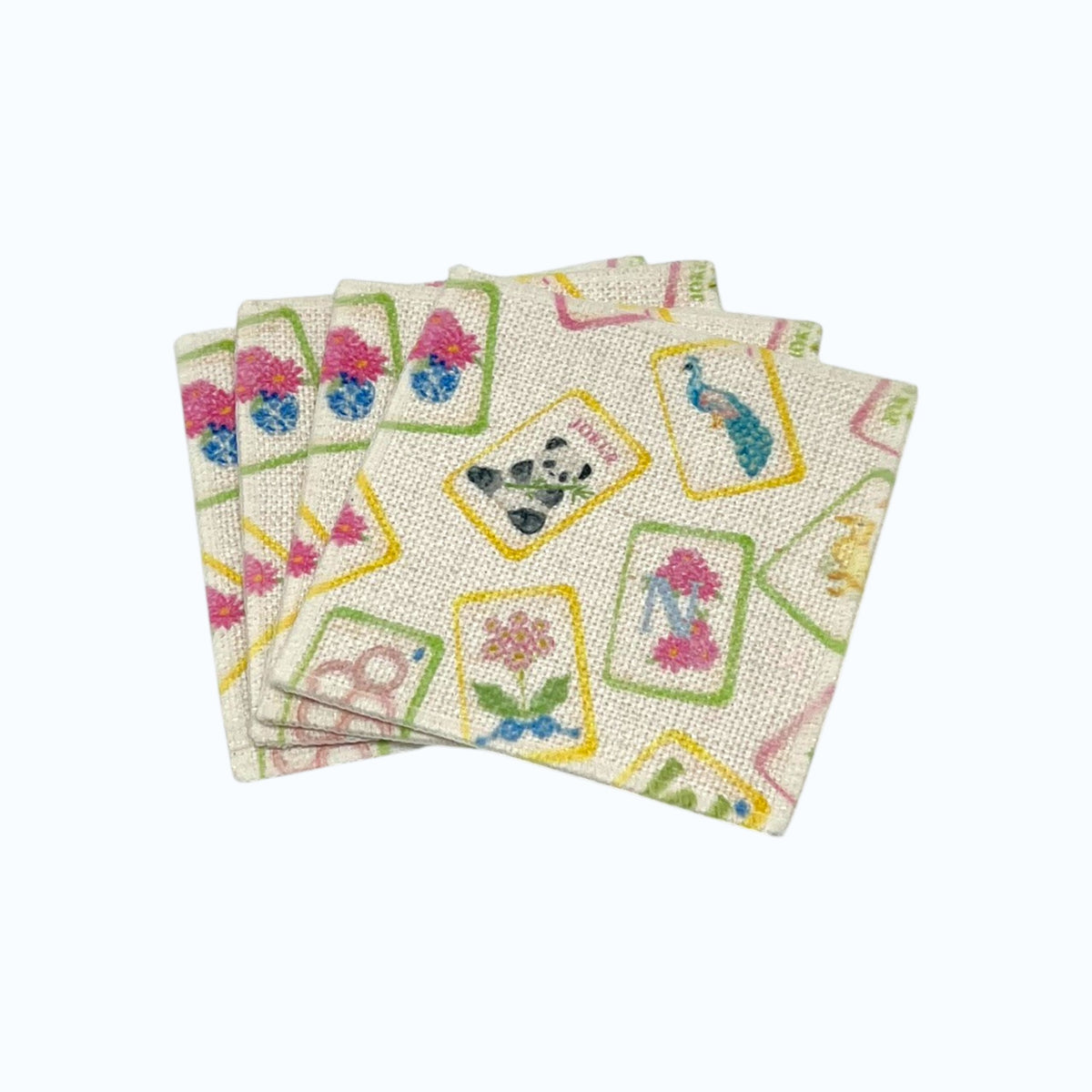 Petals and Plumes Mahjong linen coaster set of four featuring colorful floral peacock panda and mahjong tile artwork