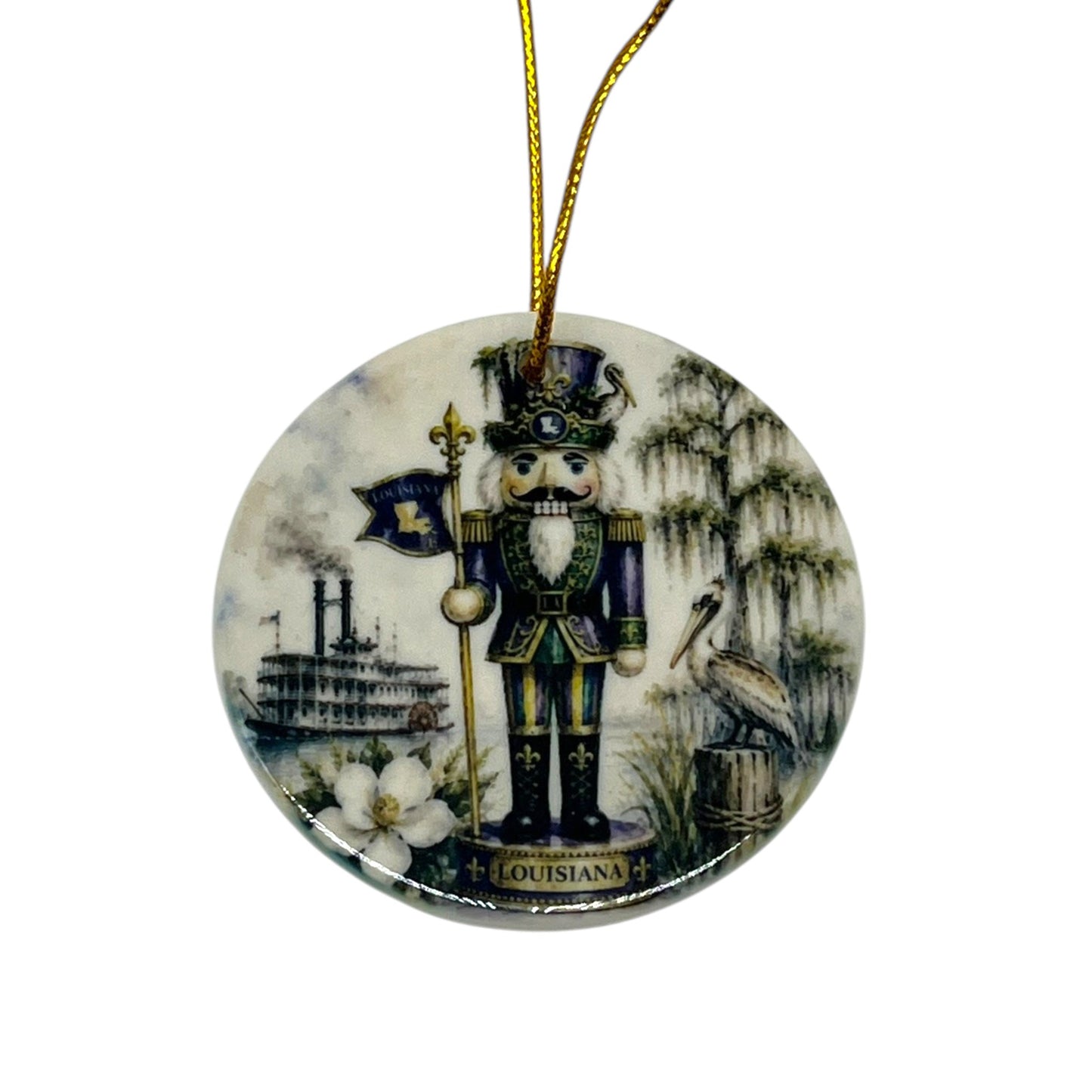 Louisiana Nutcracker 3 inch porcelain Christmas ornament with riverboat, pelican, magnolia, fleur-de-lis and moss-draped Louisiana scenery
