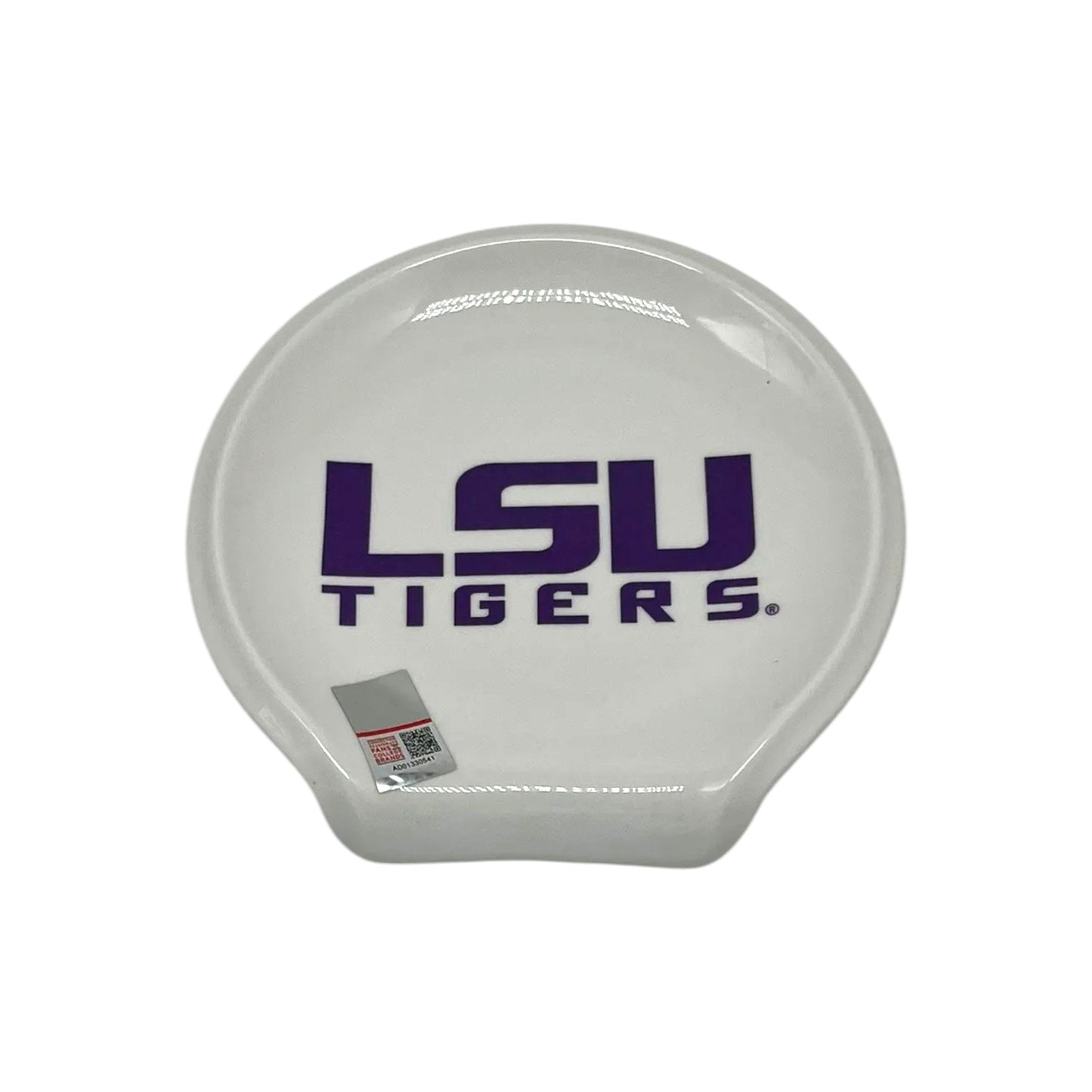 White LSU Tigers spoon rest featuring the purple LSU Tigers logo