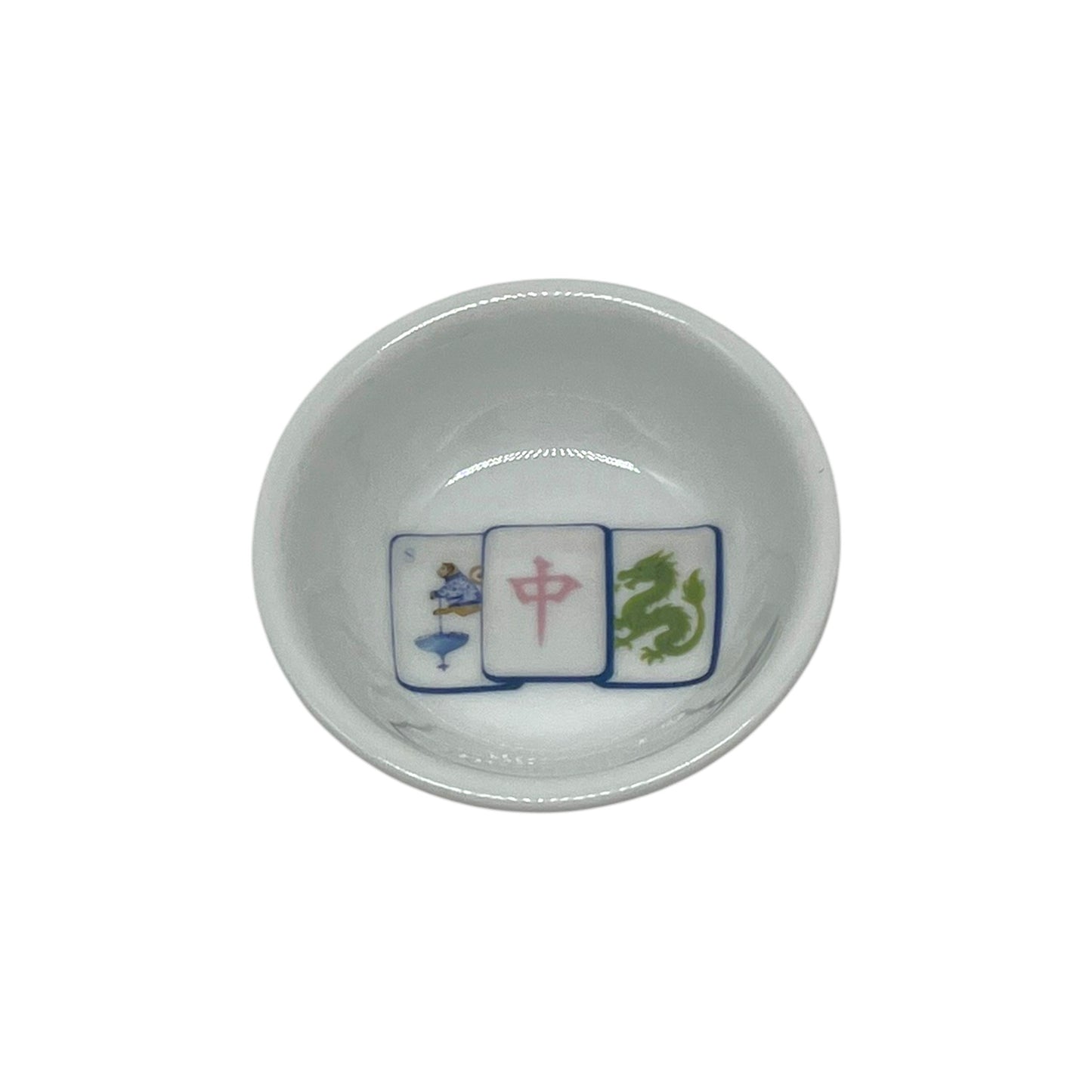 Lucky Trio Mahjong 2 3/4 inch European porcelain dice dish with blue pink and green mahjong tile artwork