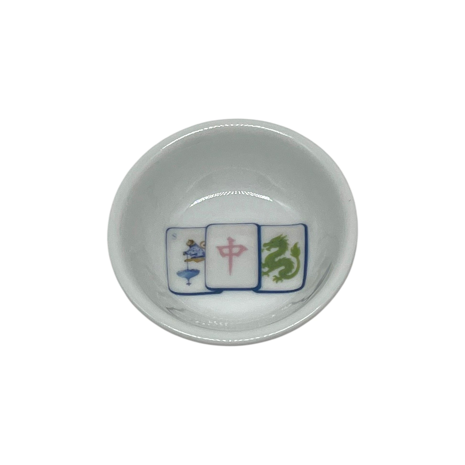 Lucky Trio Mahjong 2 3/4 inch European porcelain dice dish with blue pink and green mahjong tile artwork