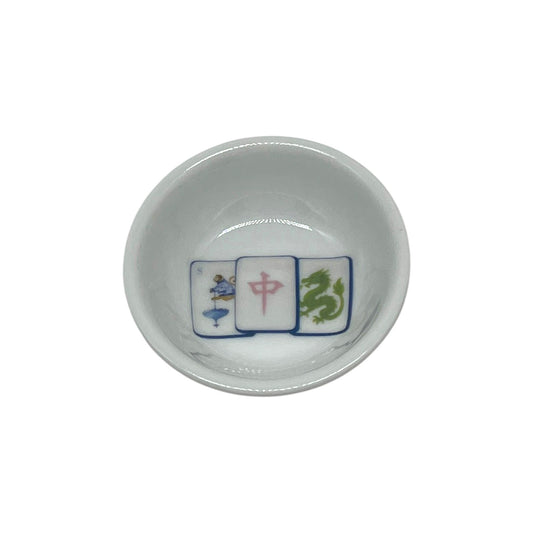 Lucky Trio Mahjong 2 3/4 inch European porcelain dice dish with blue pink and green mahjong tile artwork