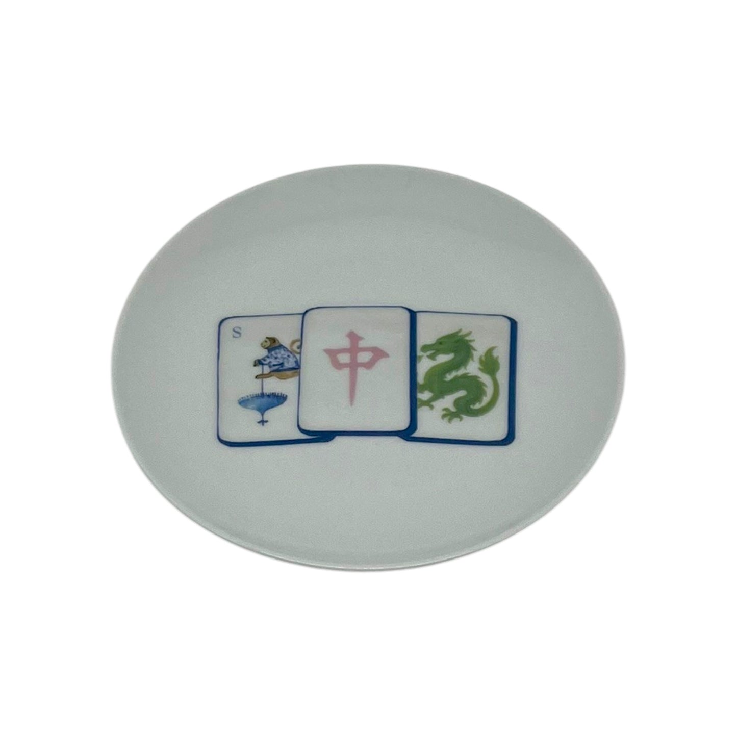Lucky Trio Mahjong 6 1/4 inch white porcelain plate with colorful blue pink and green mahjong tile design