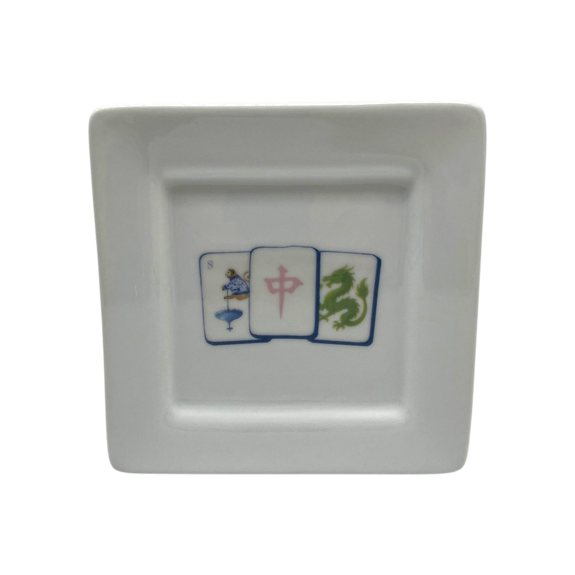 Lucky Trio Mahjong 5 inch white porcelain square rim plate with colorful blue pink and green mahjong tile design