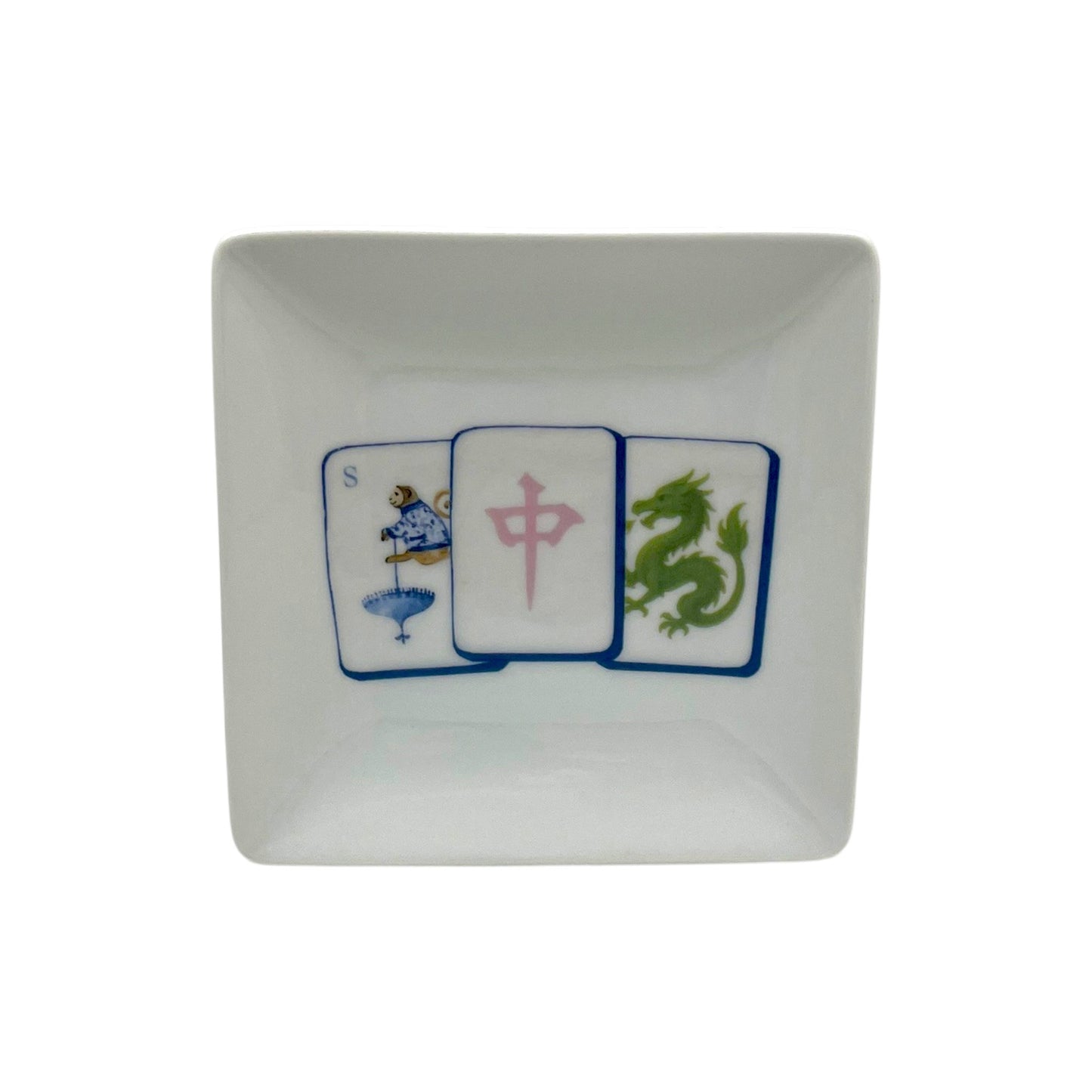 Lucky Trio Mahjong 4 1/2 inch European porcelain square plate with blue pink and green mahjong tile artwork