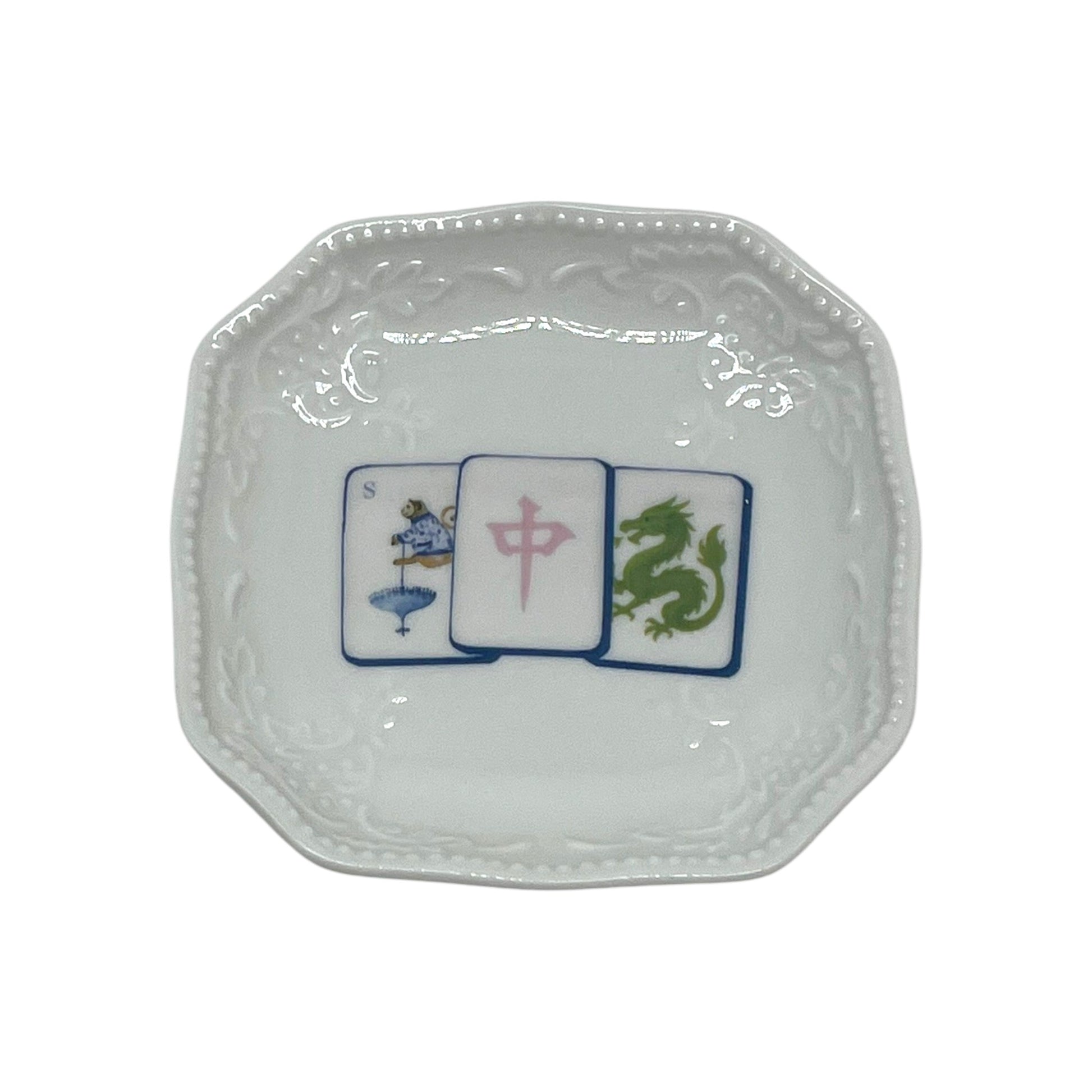 Lucky Trio Mahjong 4 1/4 inch white porcelain scrolled edge dish with colorful mahjong tile design