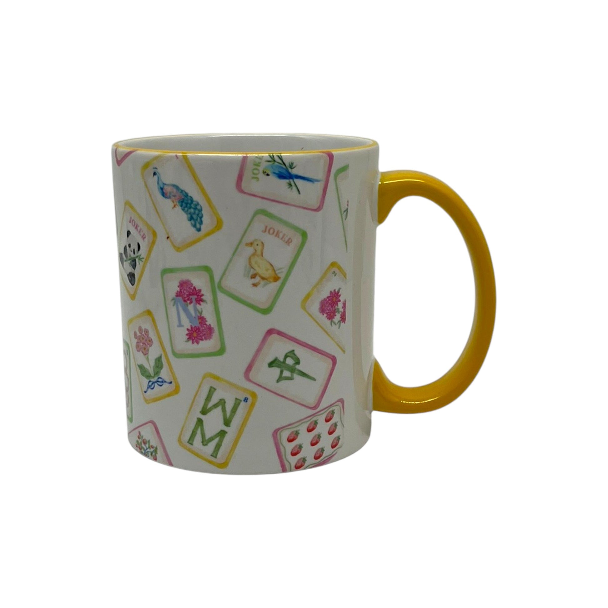 Petals and Plumes Mahjong 11 ounce mug with colorful floral and bird tile artwork, yellow handle and yellow rim