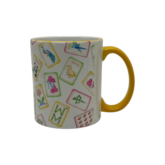 Petals and Plumes Mahjong 11 ounce mug with colorful floral and bird tile artwork, yellow handle and yellow rim