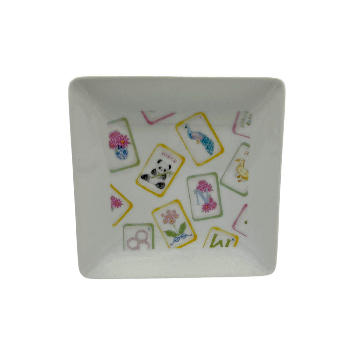 Petals and Plumes Mahjong 4 1/2 inch square porcelain plate with colorful floral bird and mahjong tile artwork