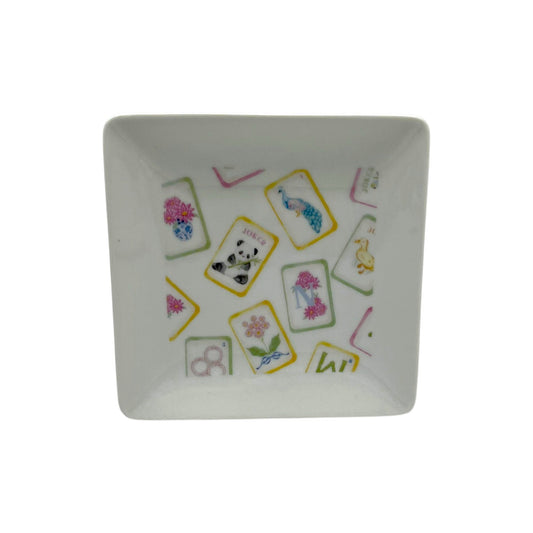 Petals and Plumes Mahjong 4 1/2 inch square porcelain plate with colorful floral bird and mahjong tile artwork