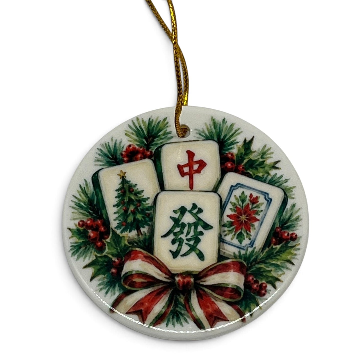 Christmas Winning Hand 3 inch porcelain mahjong ornament with festive tiles, Christmas tree, poinsettia, evergreen greenery, berries and striped bow