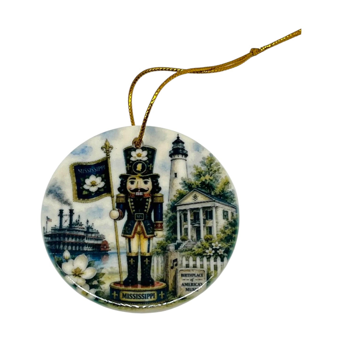 Mississippi Nutcracker 3 inch porcelain Christmas ornament with riverboat, magnolia blossoms, lighthouse, Southern architecture and music-inspired details