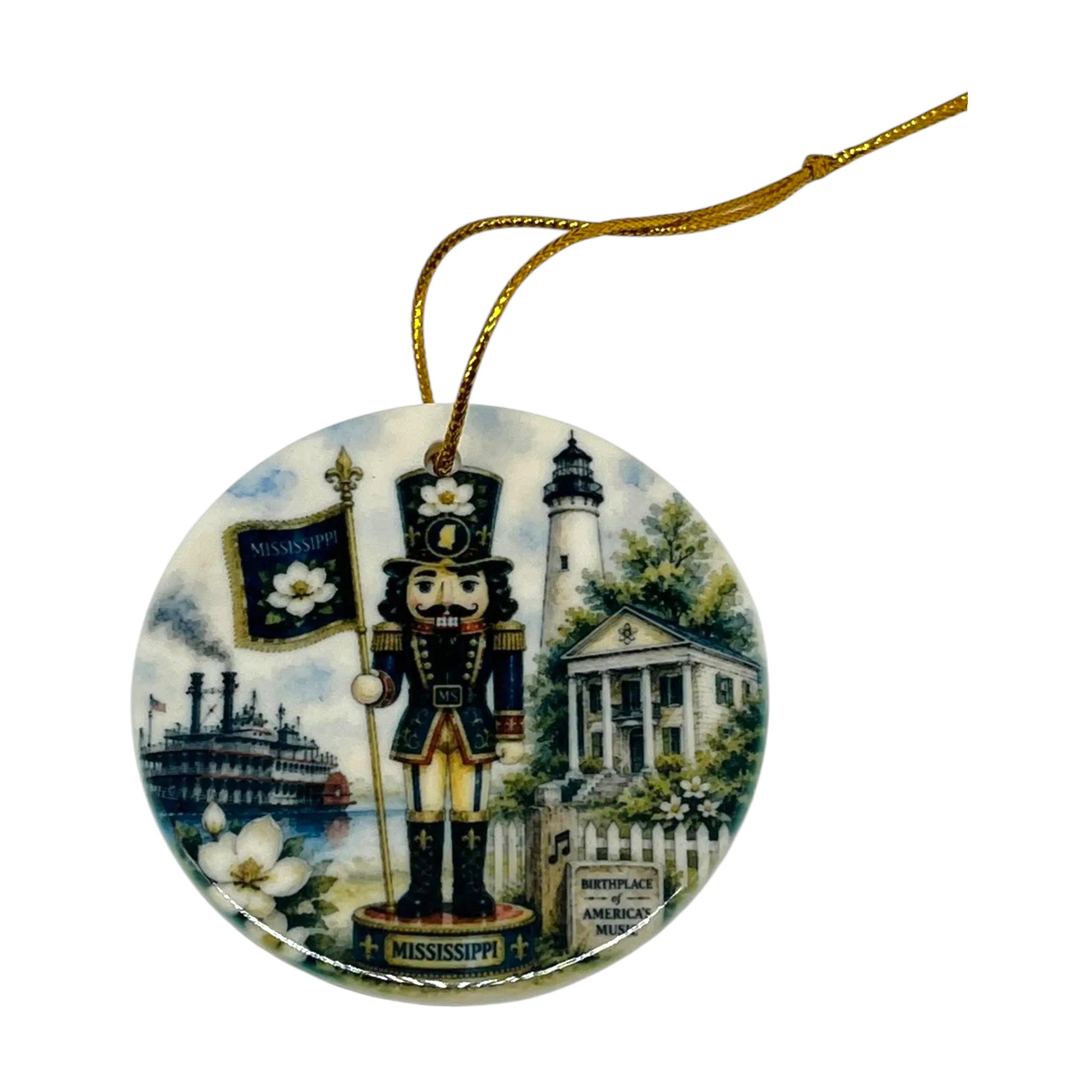 Mississippi Nutcracker 3 inch porcelain Christmas ornament with riverboat, magnolia blossoms, lighthouse, Southern architecture and music-inspired details